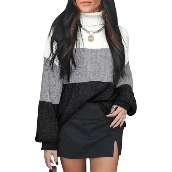Oversized Boho Color Block Turtleneck Sweater | Cozy Fall Tunic Top for Women - Picture 5 of 5